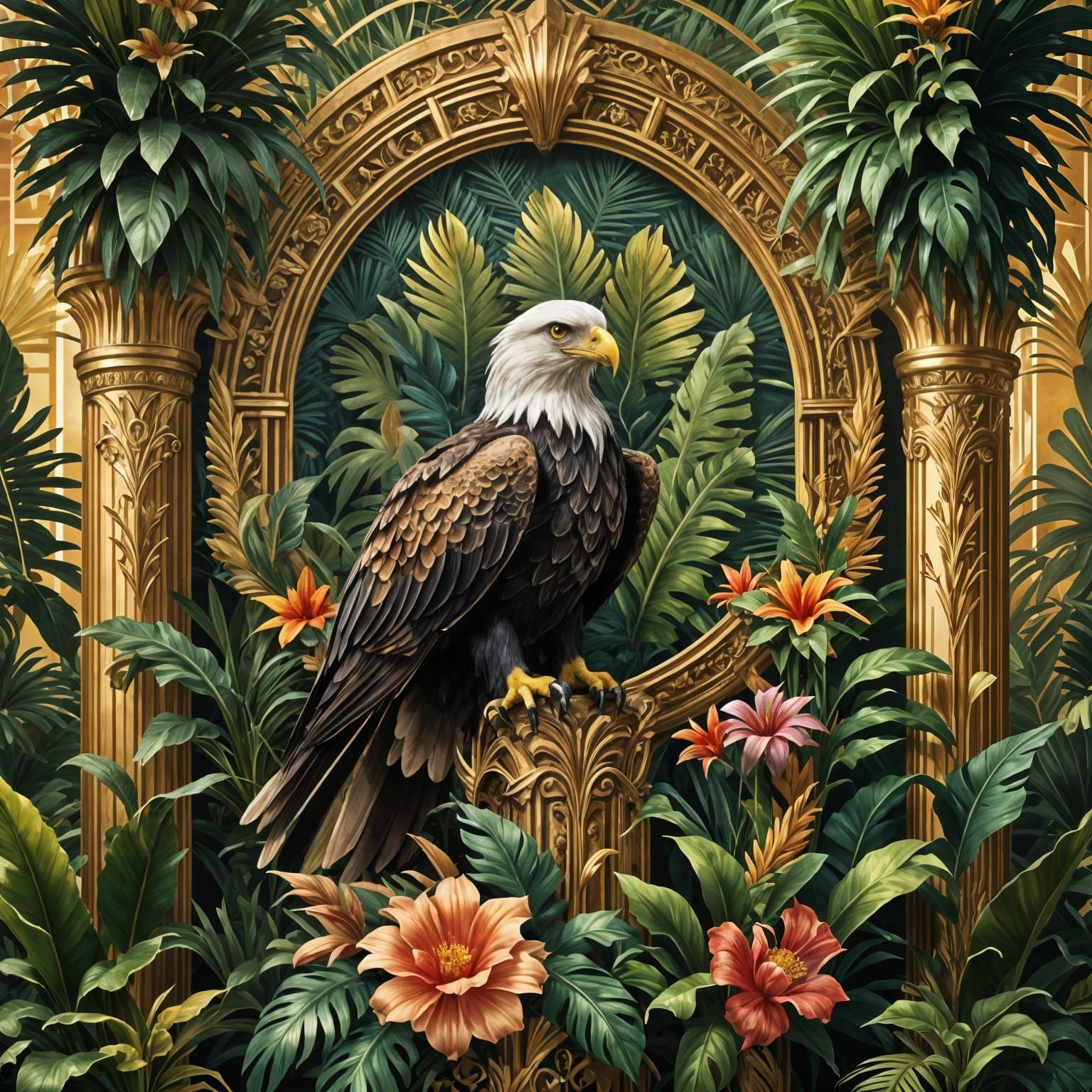 Art Deco Eagle Among Tropical Flowers