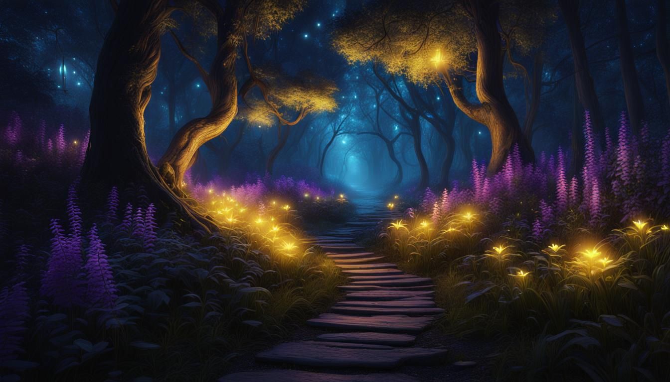 Enchanted Forest Path with Bioluminescent Fireflies