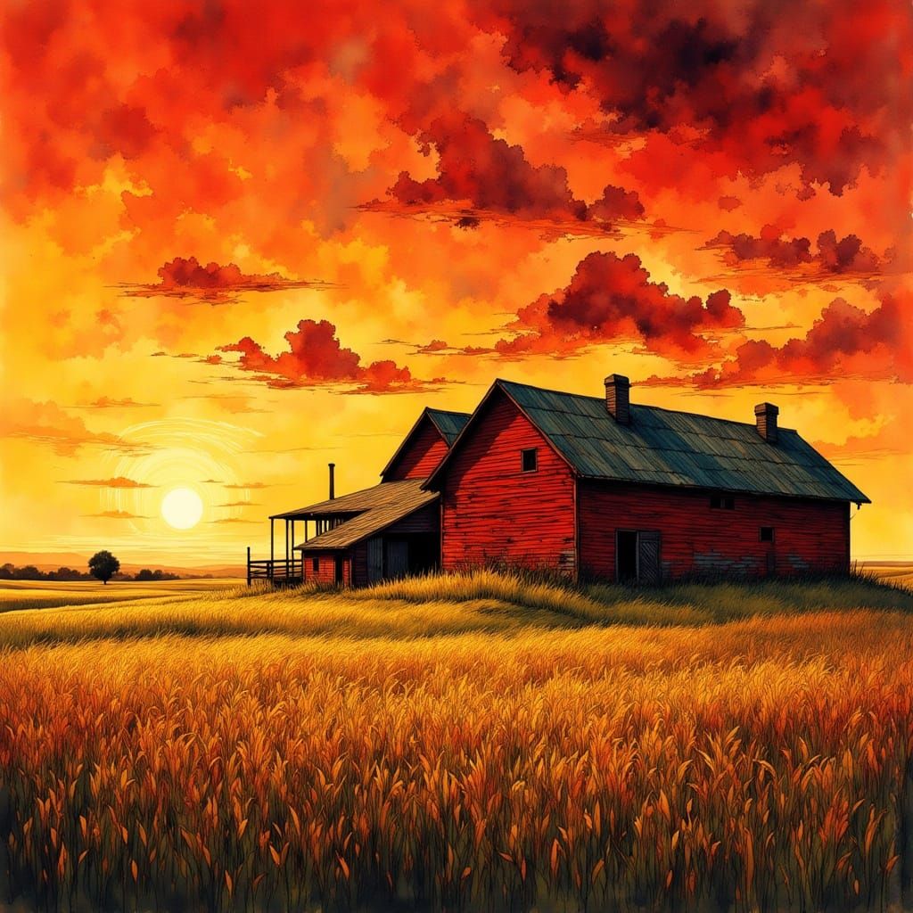 Rustic Farmhouse at Sunset in Comic Style