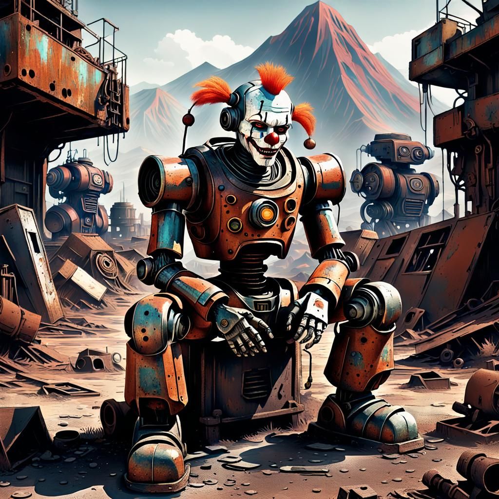 Sad Android Clown in Cyberpunk Junk Yard