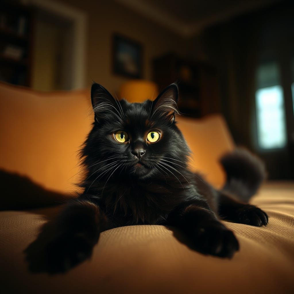 Whimsical Black Cat in Cozy Living Room