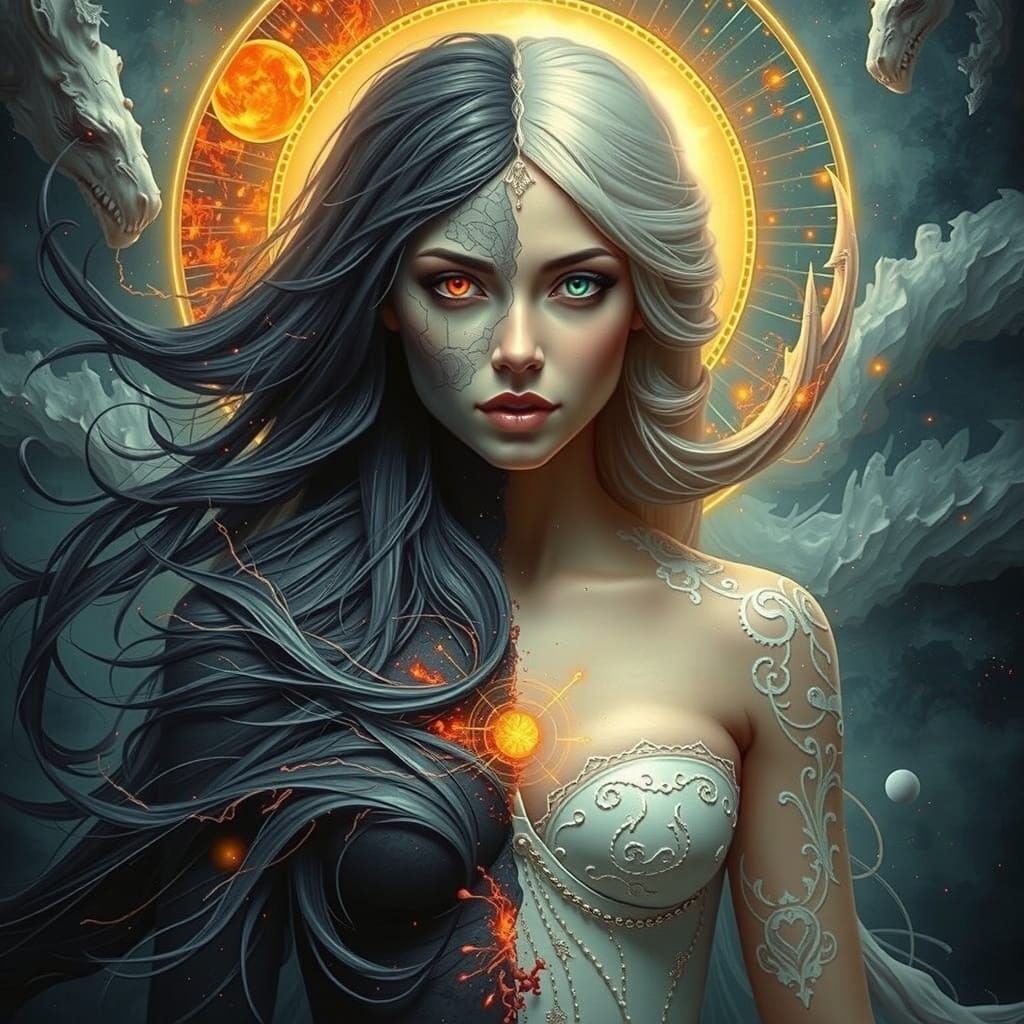 Surreal Goddess of Balance in Ethereal Vortex