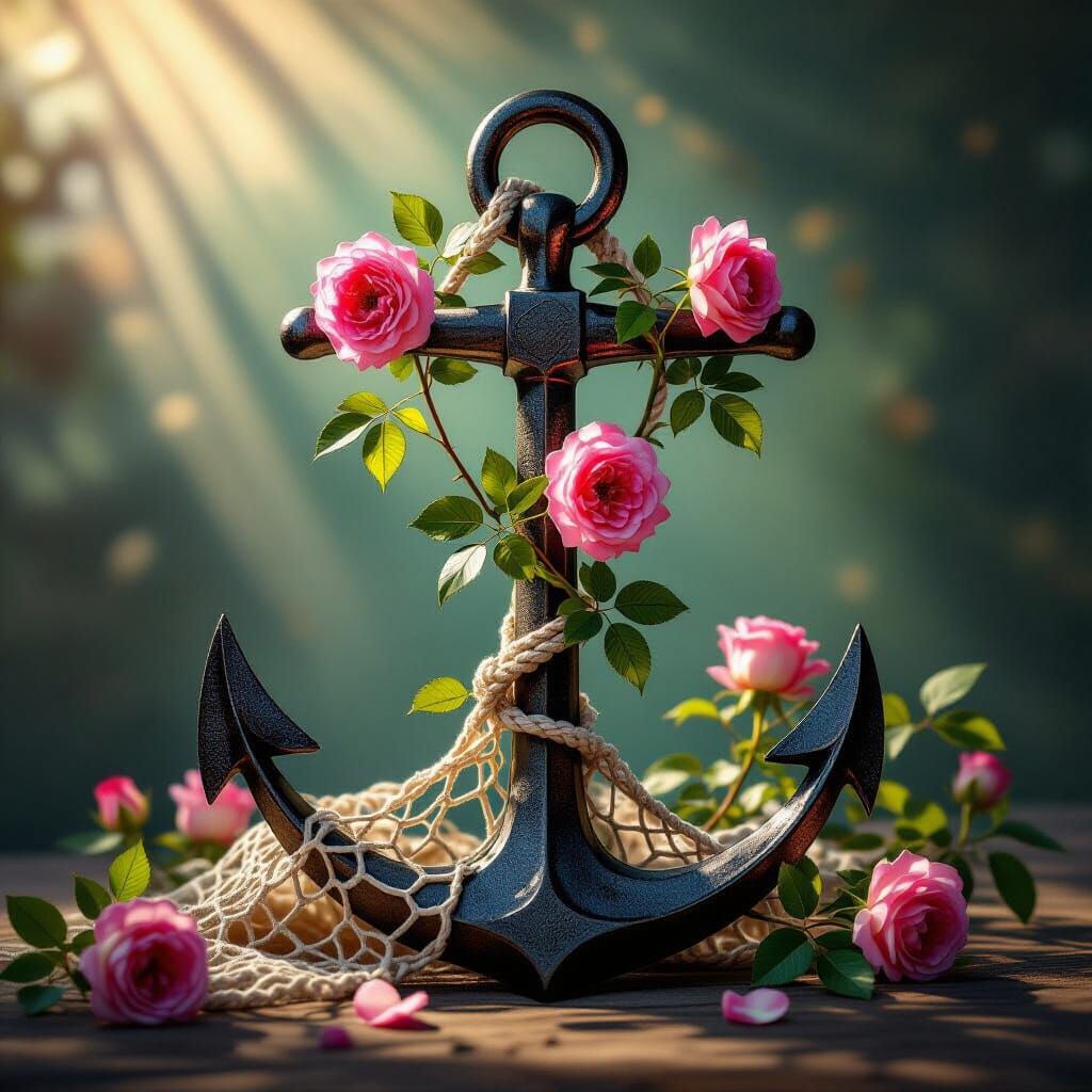 Antique Anchor With Rose Vines and Fishnet