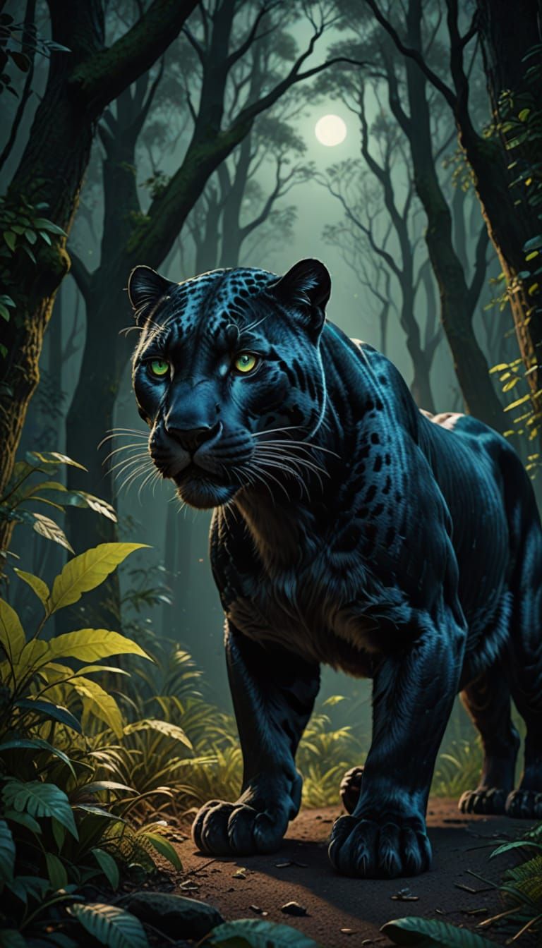 Shining Gray-Green Panther Eyes in 18th Century Forest Night...