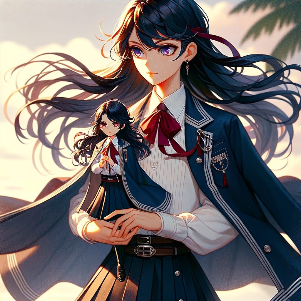 Elegant Anime Girl Holds Doll Double