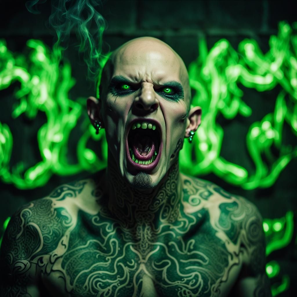 Hyperrealistic Vampire Screaming Under Neon Light