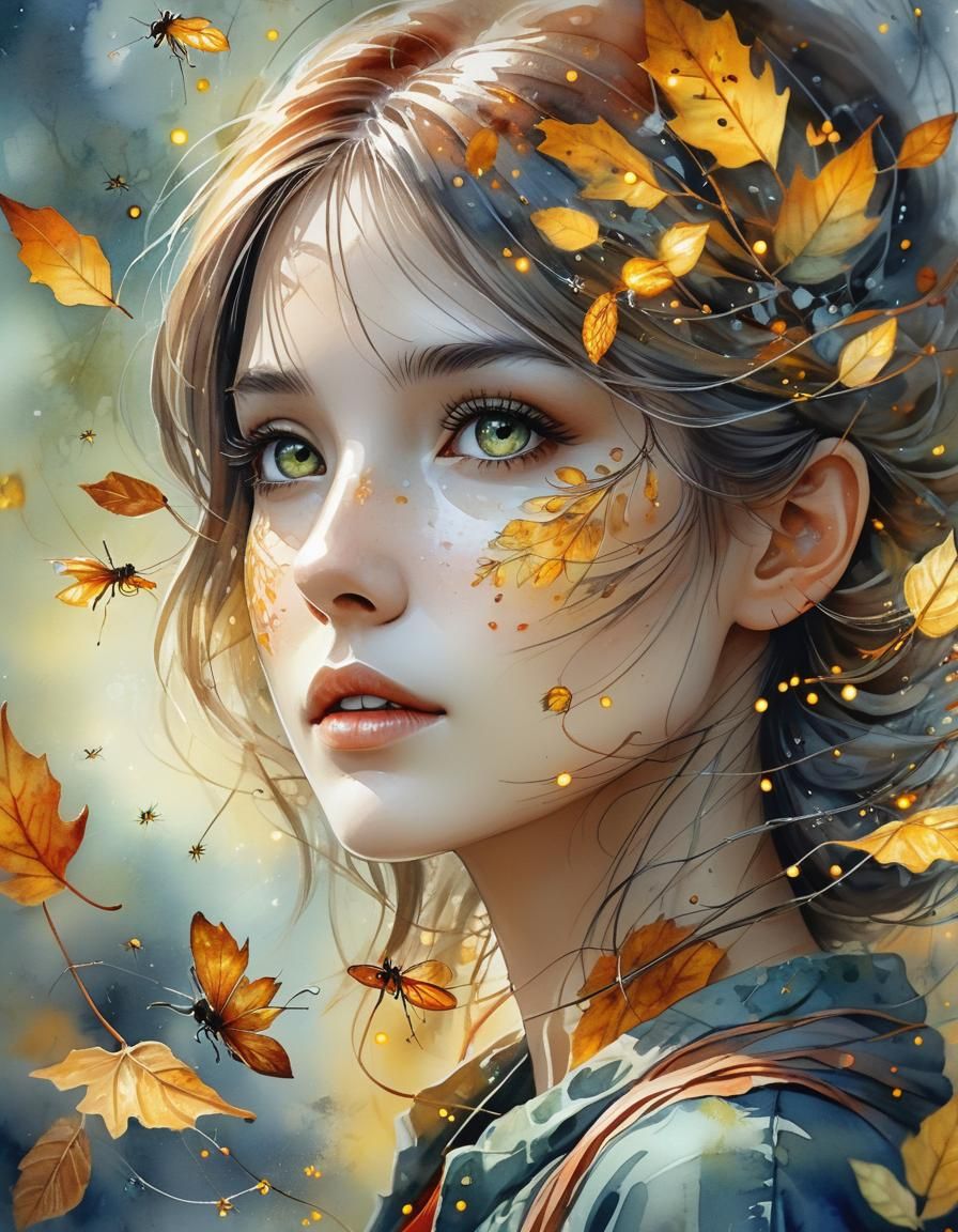 Autumnal Girl: Hyperdetailed Watercolor Fantasy Art