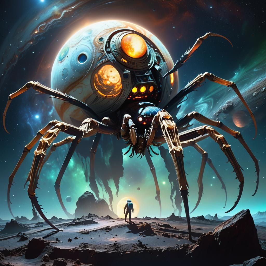 Space Spider on Spaceship Near Jupiter's Moon
