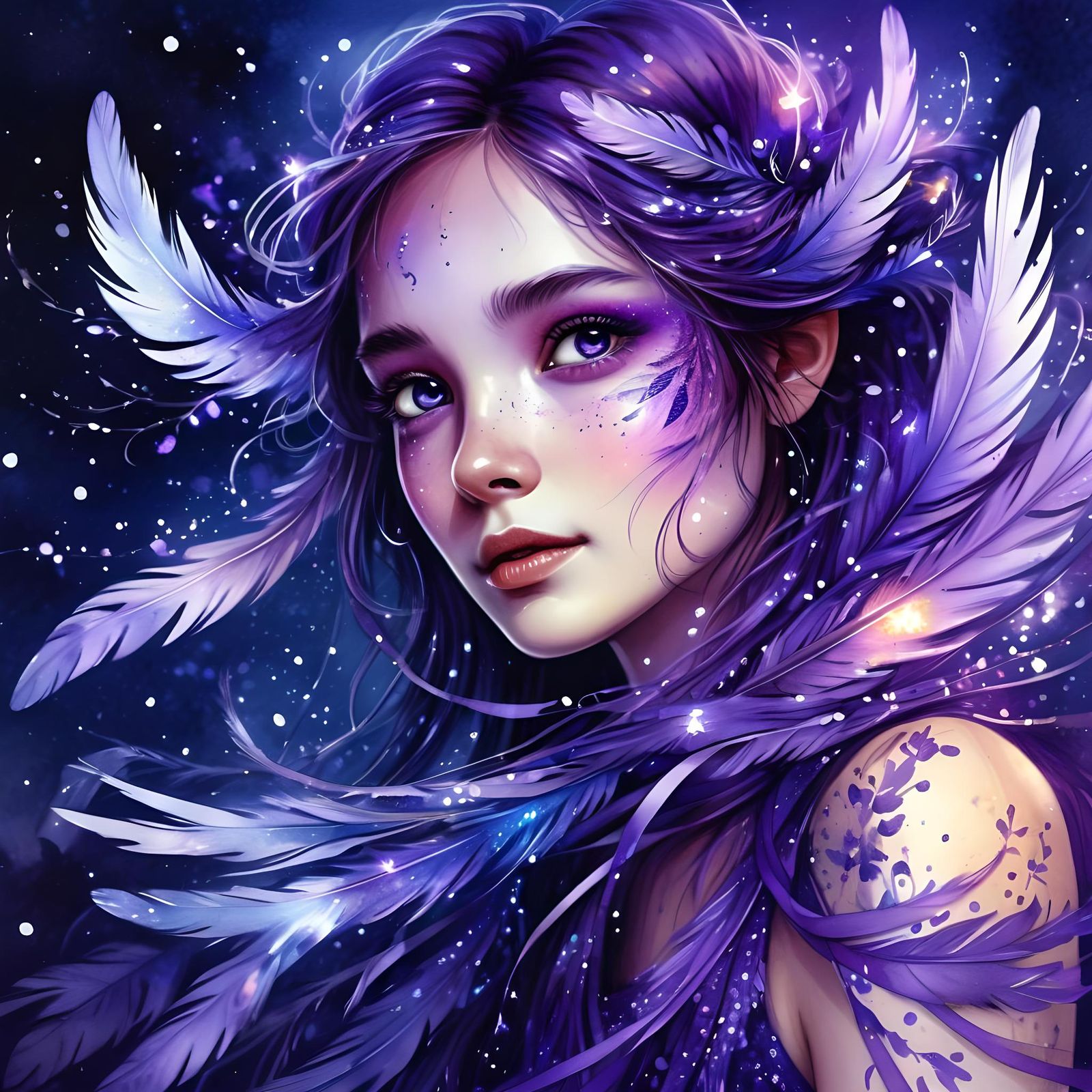 Feathered Fairy with Flowing Ink Ribbons