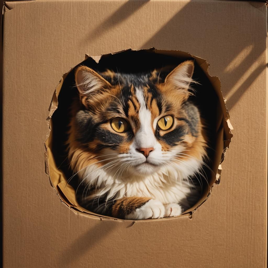 Calico Cat Curled in Box: Cinematic Digital Painting