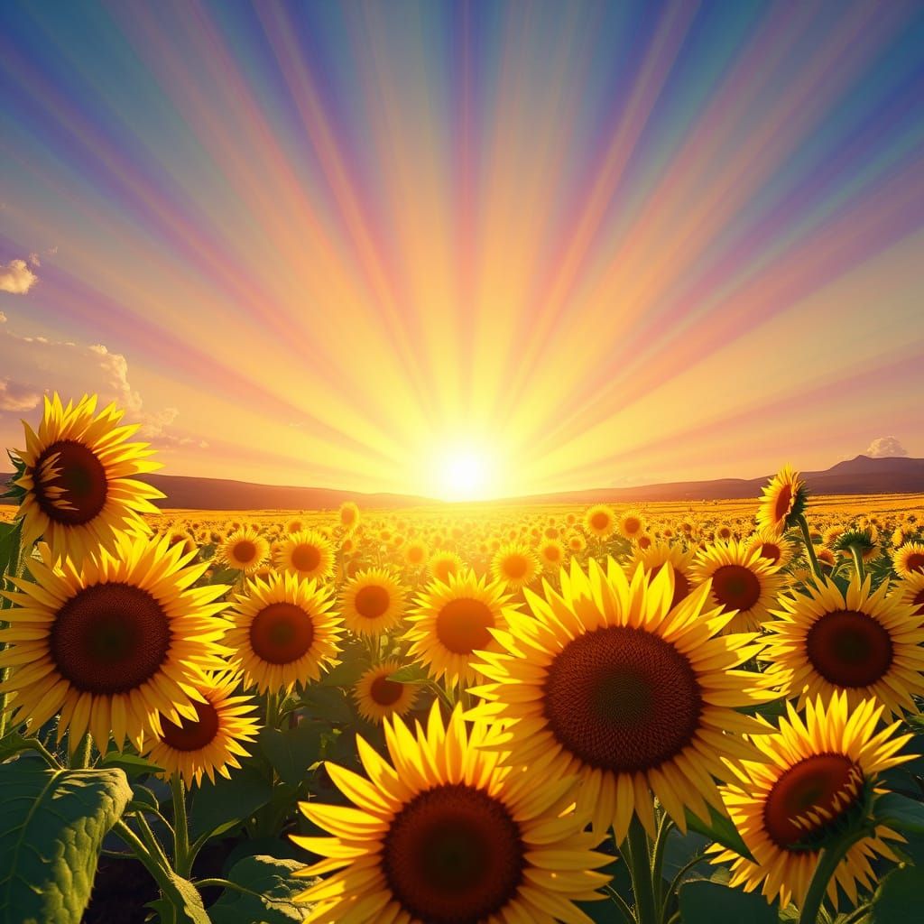 Van Gogh laughing in a wide shot landscape field of sunflowe...