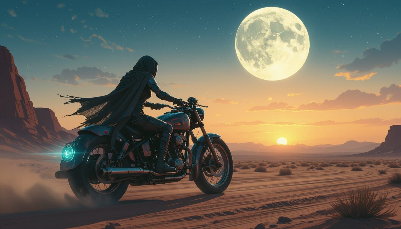 Cybernetic Motorcycle Speeds Through Alien Desert