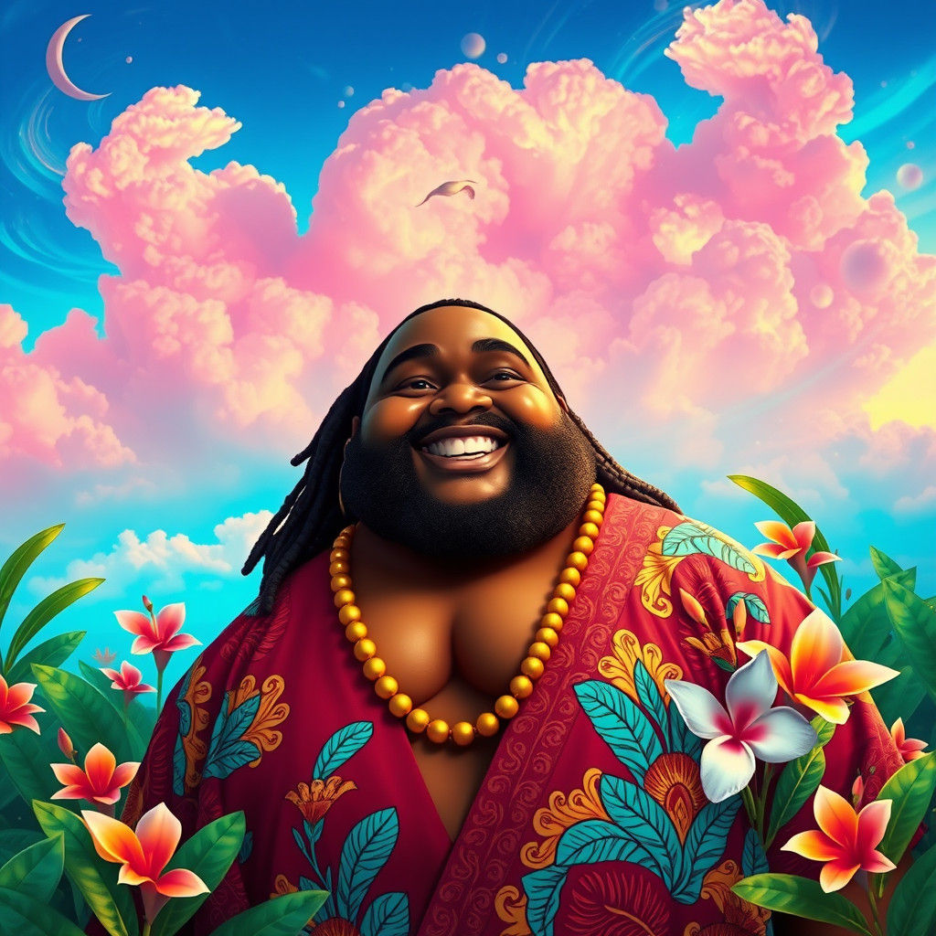 Radiant Jamaican Figure in Dreamlike Landscape