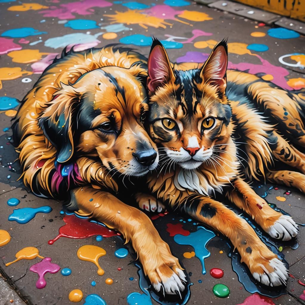 Dog and Cat Snuggling as Graffiti Art