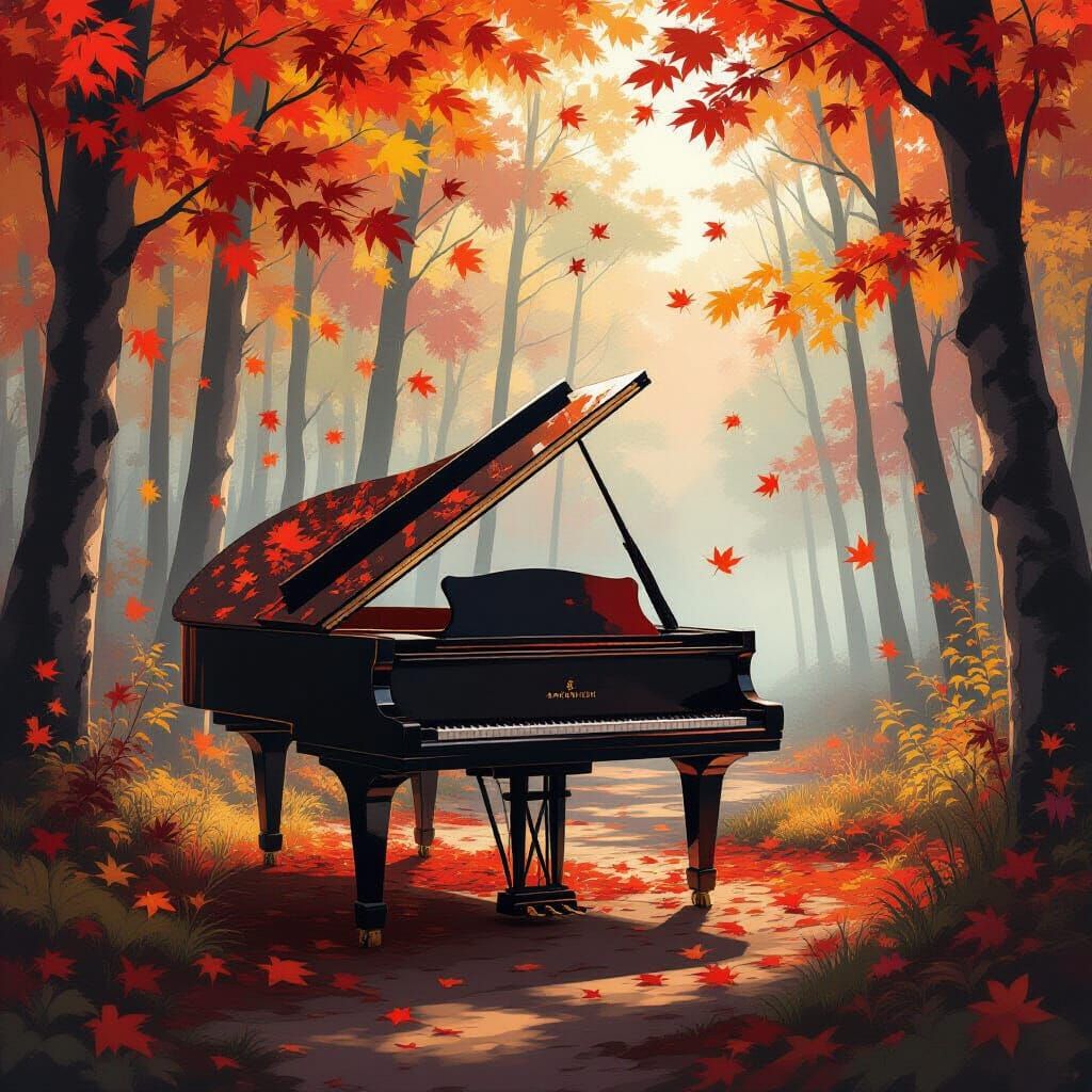 Grand Piano in Autumn Forest: Impressionist Landscape
