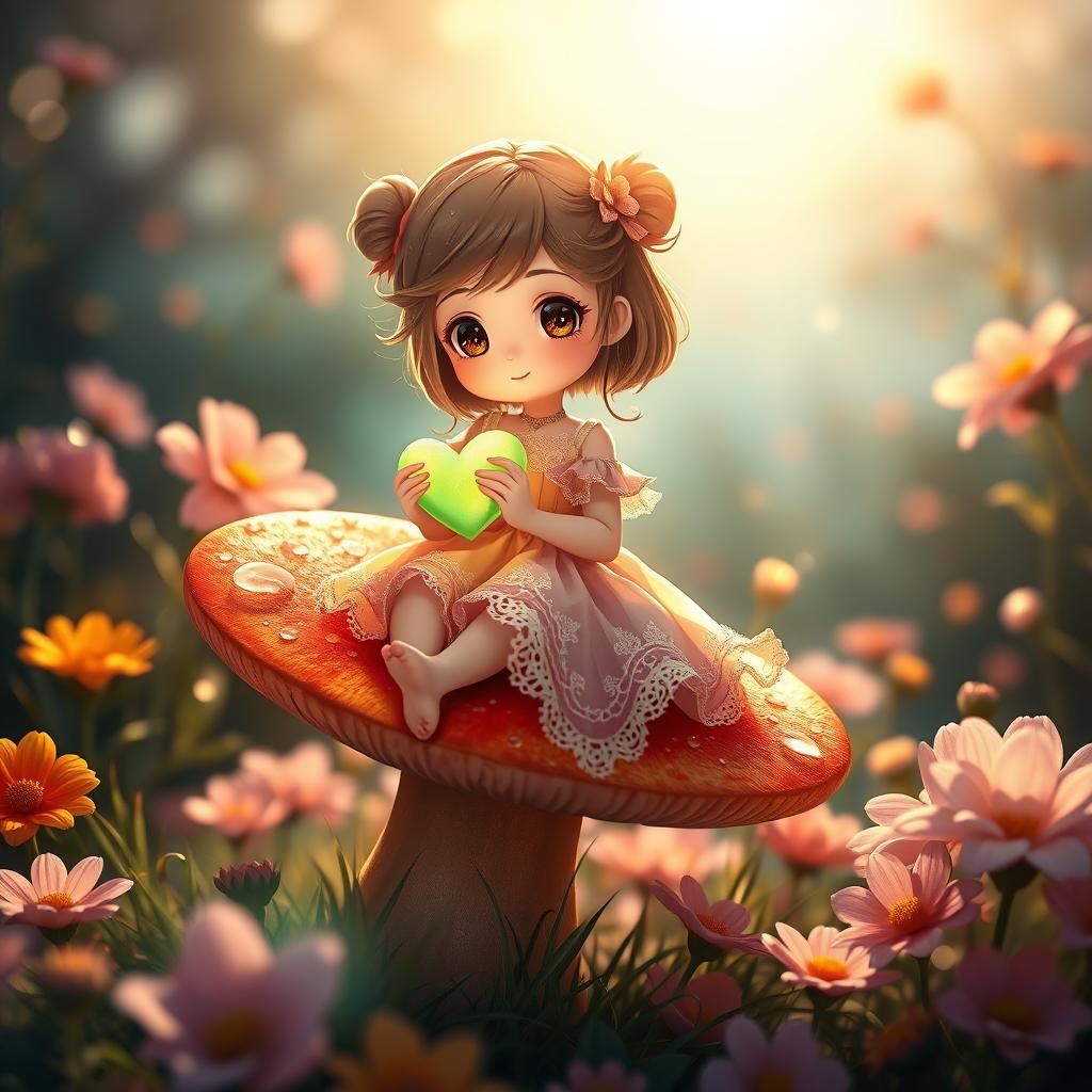 Chibi Girl with Green Heart in Magical Garden