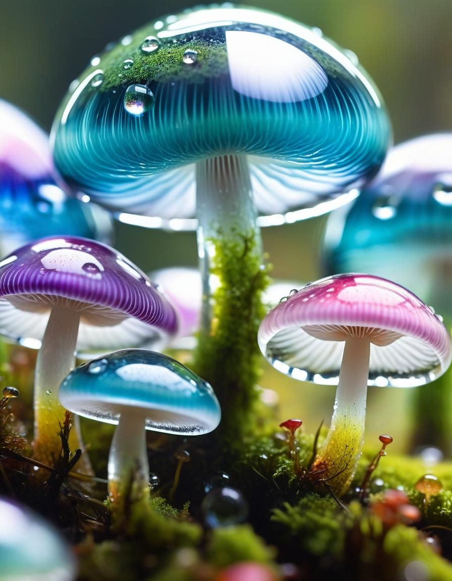 Colorful Transparent Glass Mushrooms Macro Photography