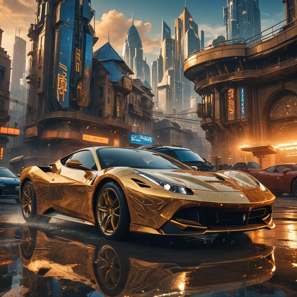 Golden Ferrari Emerges in Futuristic Cityscape