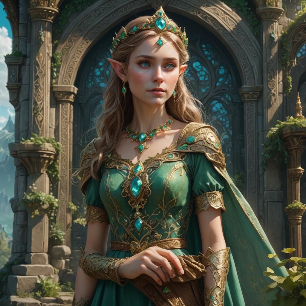 Fantasy Elf with Emerald Pendant, Detailed Digital Art