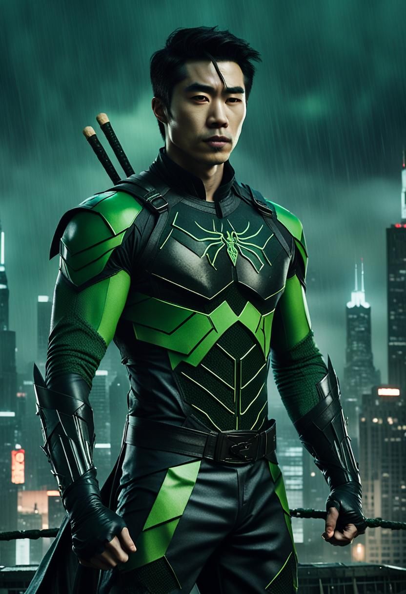 Superhero in Rainy Cityscape: Cinematic Film Still