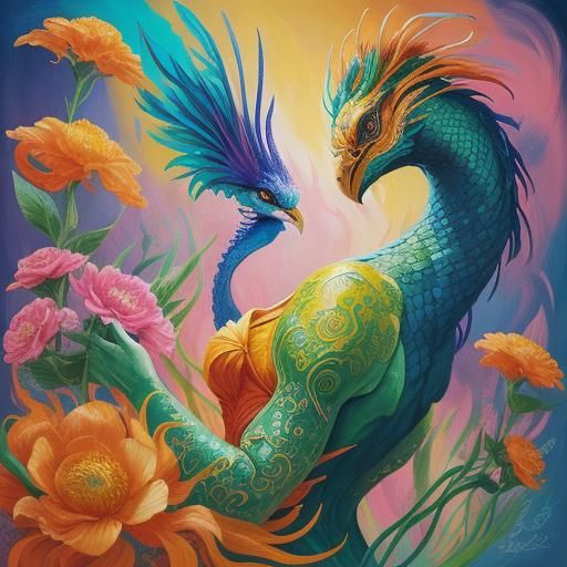 Dragon Peacock Woman in Surreal Abstract Expressionism