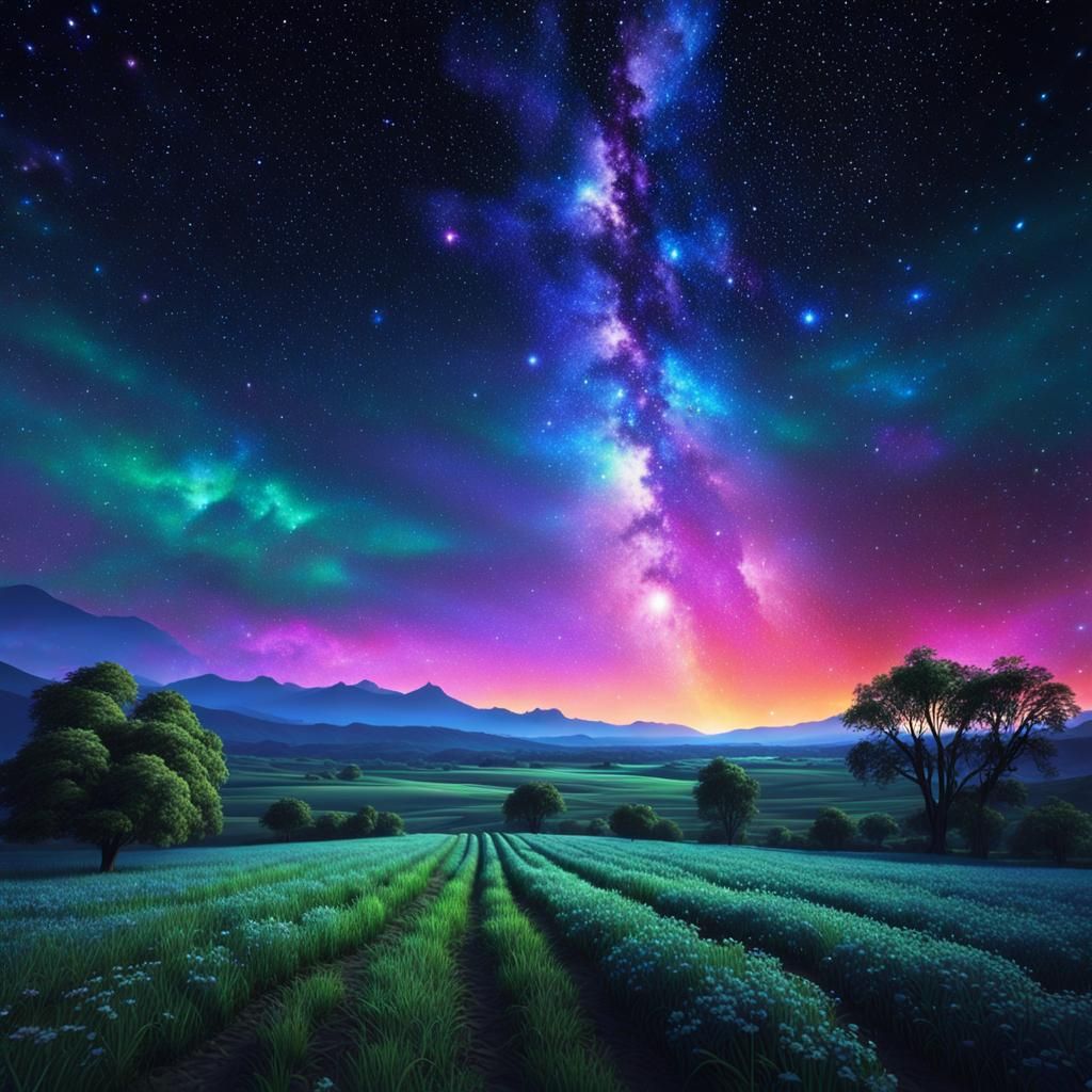 Radiant Stars Above Countryside: Digital Matte Painting