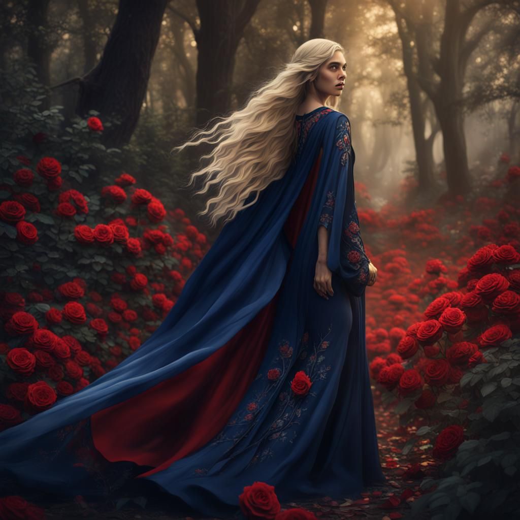 Woman with Roses and Red Cape: Fantasy Concept Art