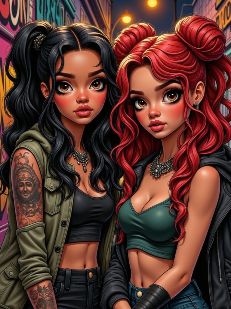 Cartoon Women in Hip-Hop Streetwear in Neon Alley