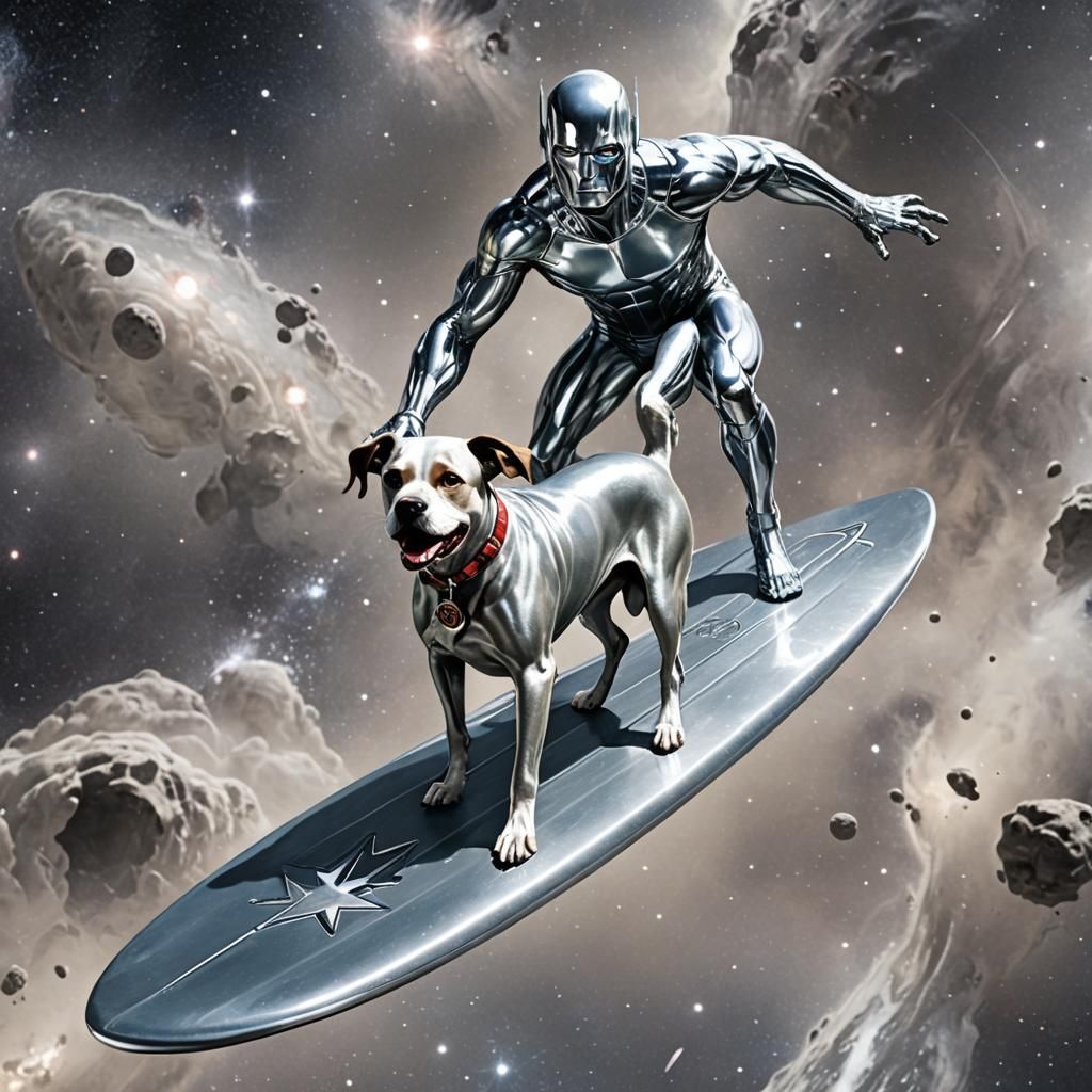Dog and Silver Surfer Surf the Cosmos