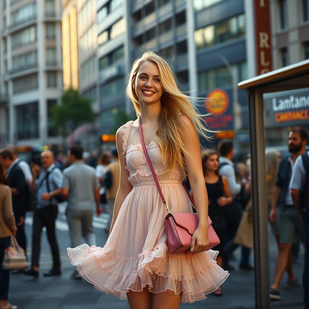 Elegant Crossdressed Gentleman Embarrassed in Bustling City