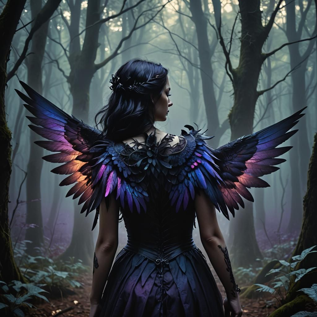 Winged Woman in Mystical Forest: Dark Fantasy Art