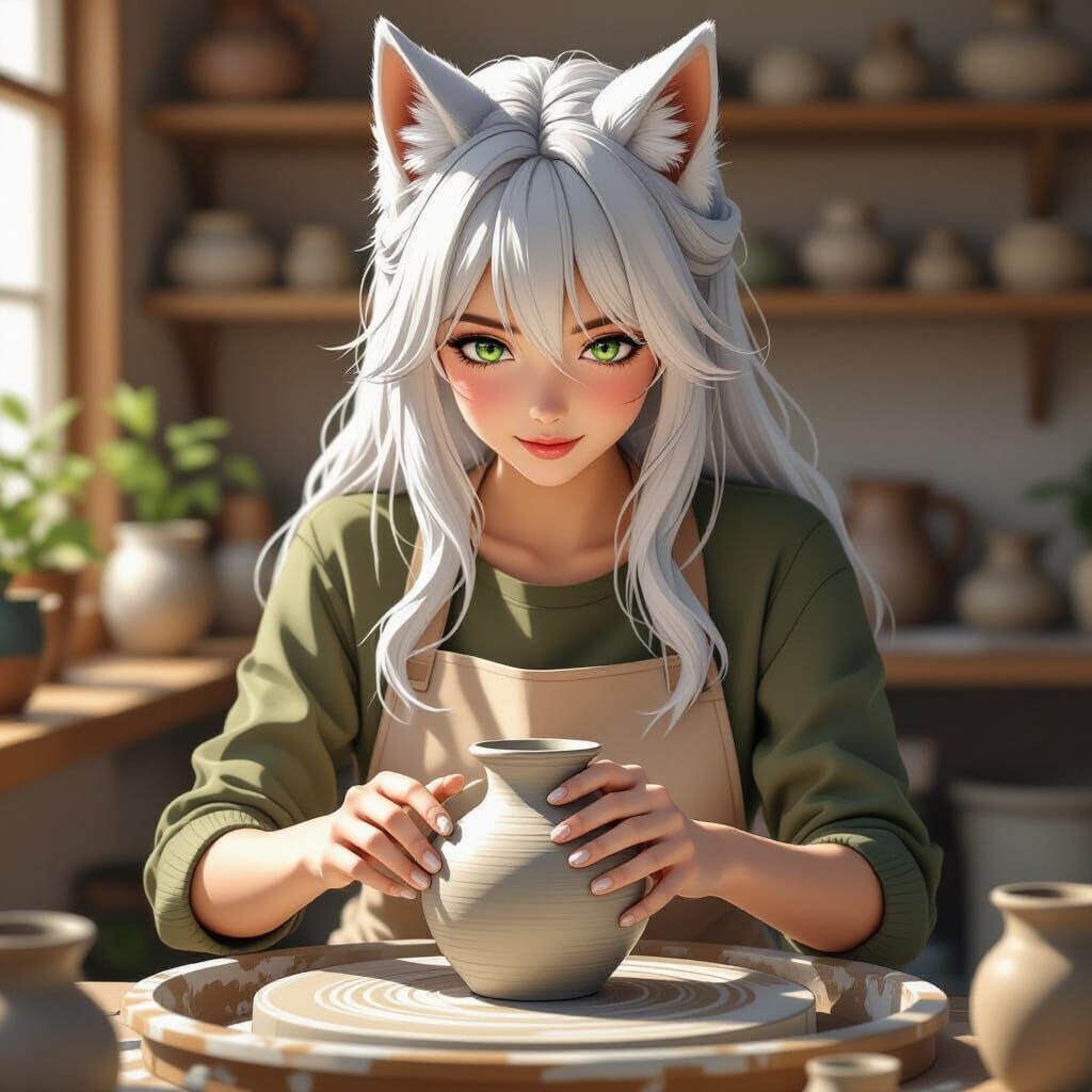 Anime Artist Crafting Pottery in a Serene Studio