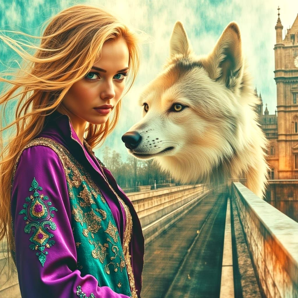 Gorgeous Blond in Plum and Turquoise Stands with Majestic Wh...