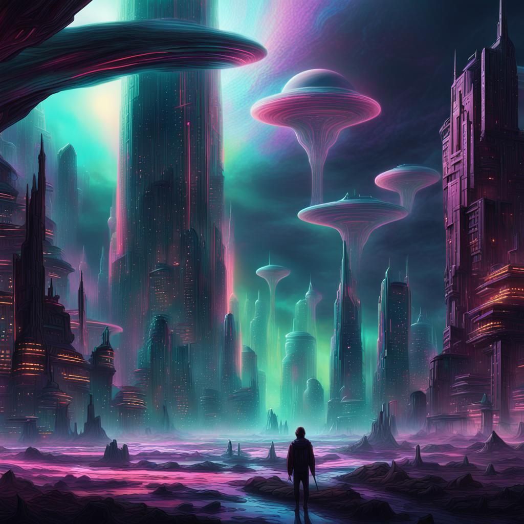 Ethereal Alien Cityscape in Neon and Pastel Colors