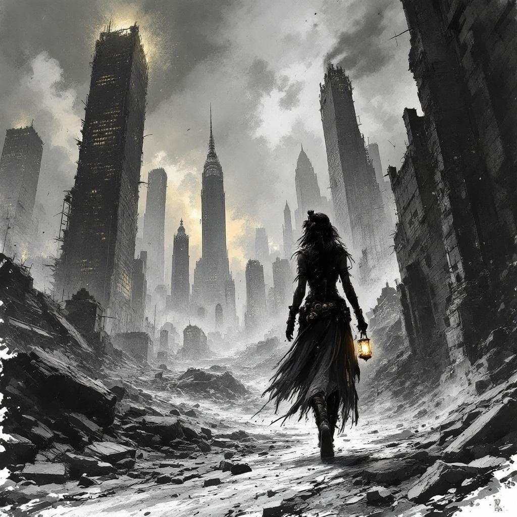 Steampunk Woman in Post-Apocalyptic Cityscape