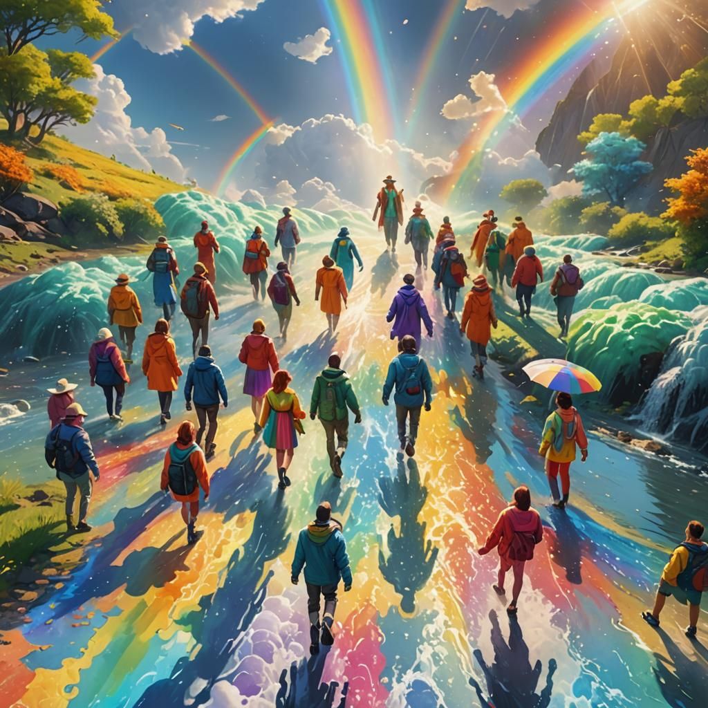 People Walking on a Rainbow in Digital Art