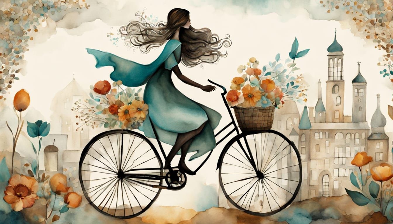 Whimsical Woman on Bicycle in Watercolor Style