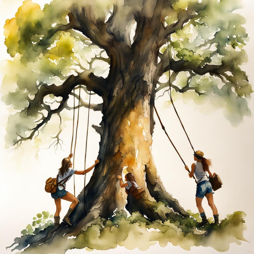 Two Teenage Girls Climb an Oak Tree