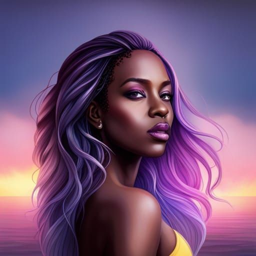 Beautiful Black Girl with Purple Hair, Hyperrealistic Splash...