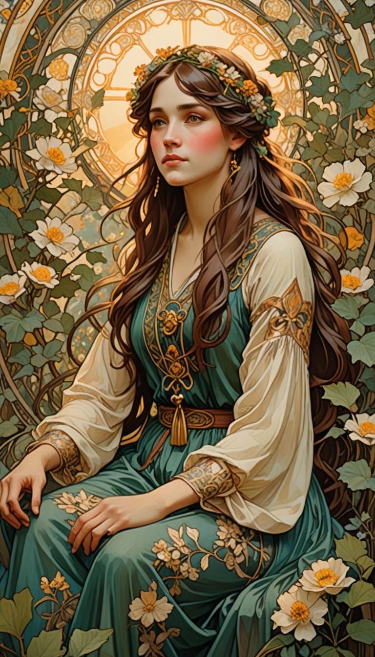 Romantic Whimsical Oil Painting of a Young Woman in Nature