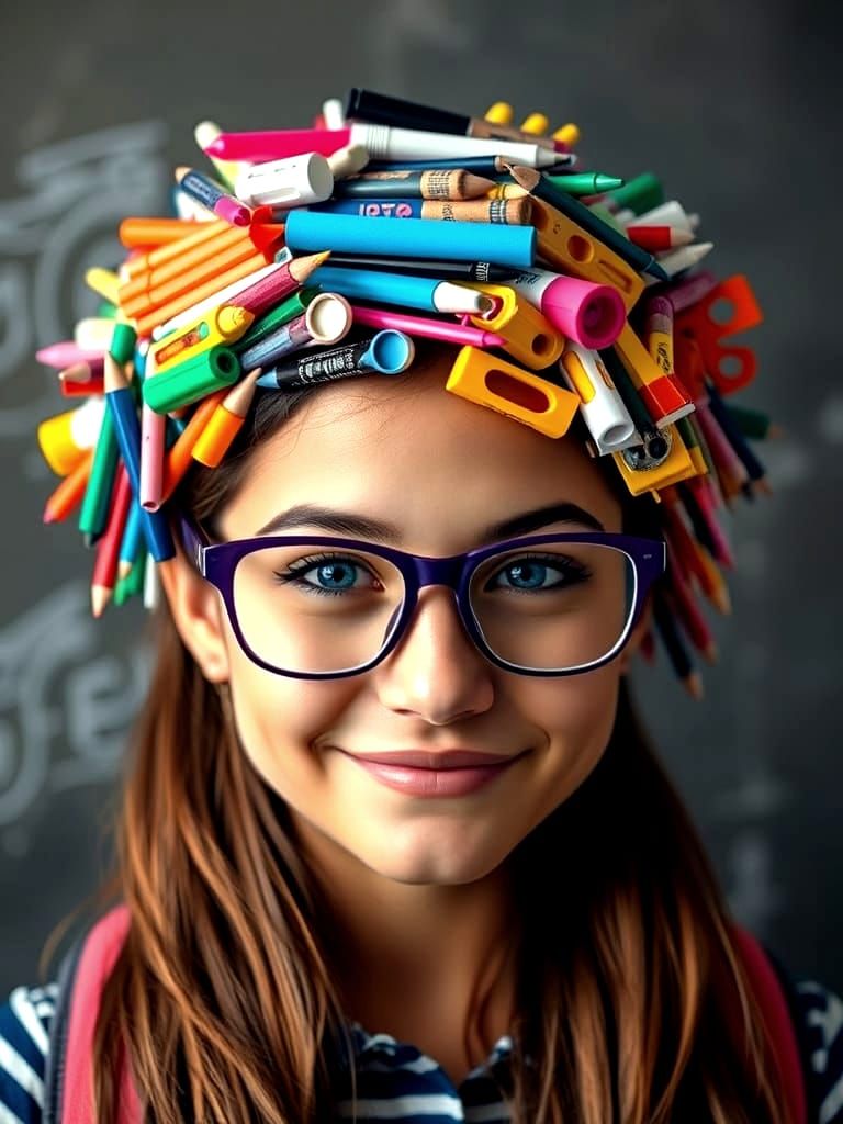 Woman Adorned with Colorful School Supplies