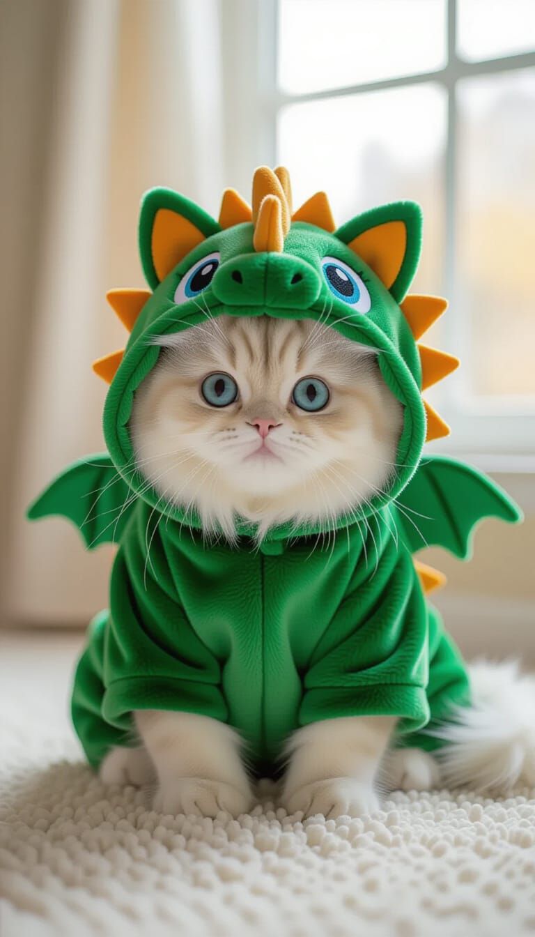 Charming Cat in Dragon Costume: 3D Surreal Kawaii
