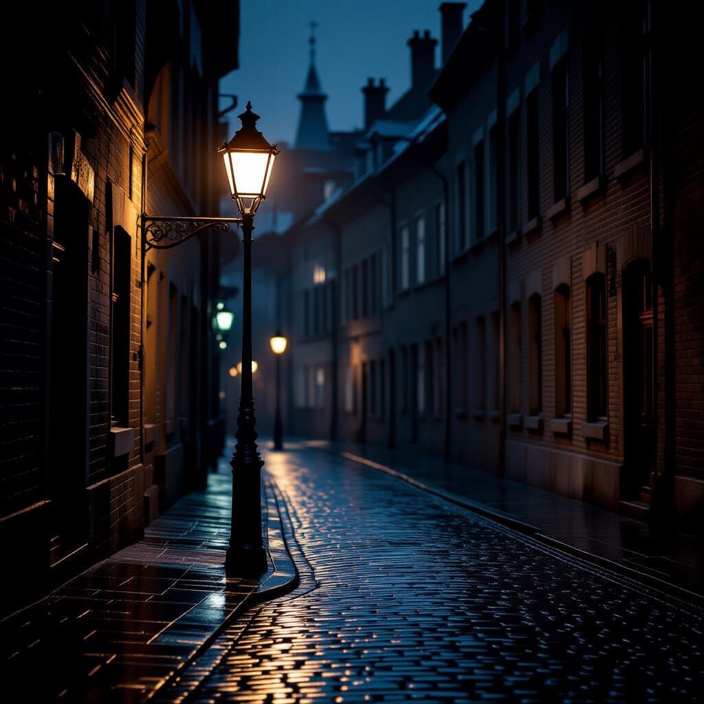 Solitary Streetlamp on Rainy European Cobblestone Street at ...