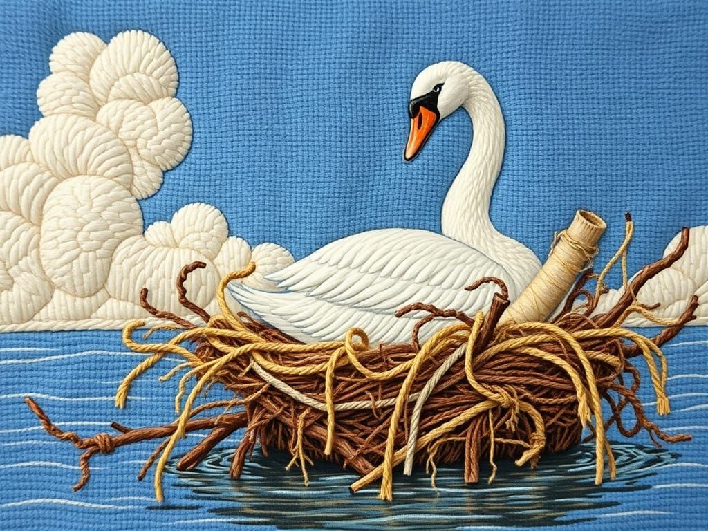 Embroidered Needlepoint Swan on Tangled River Nest