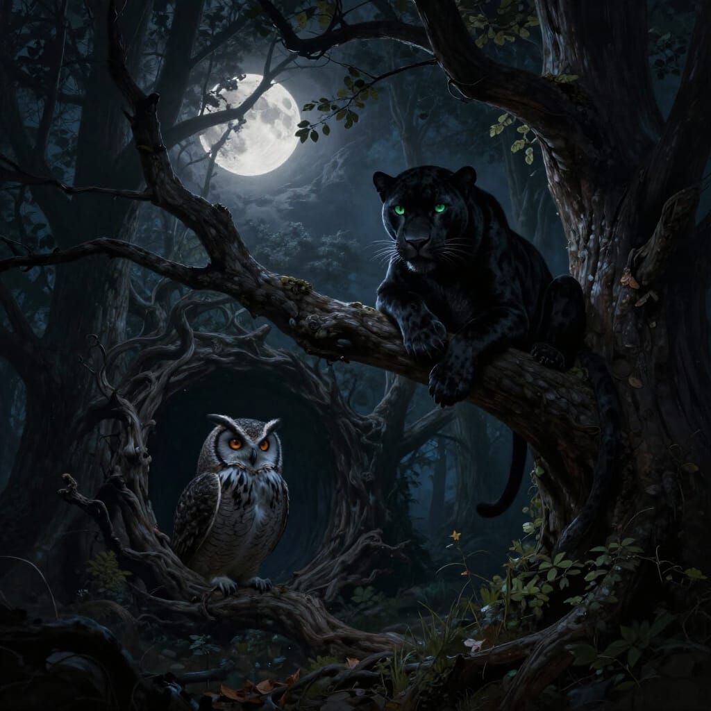 Moonlit Forest with Owl and Panther, Dark Fantasy Art