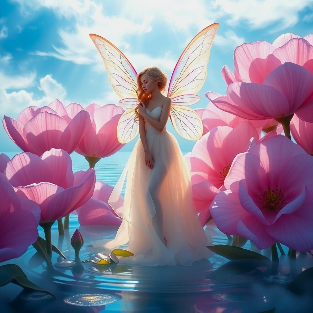 Ethereal Fairy on Flowers by Glassy Lake