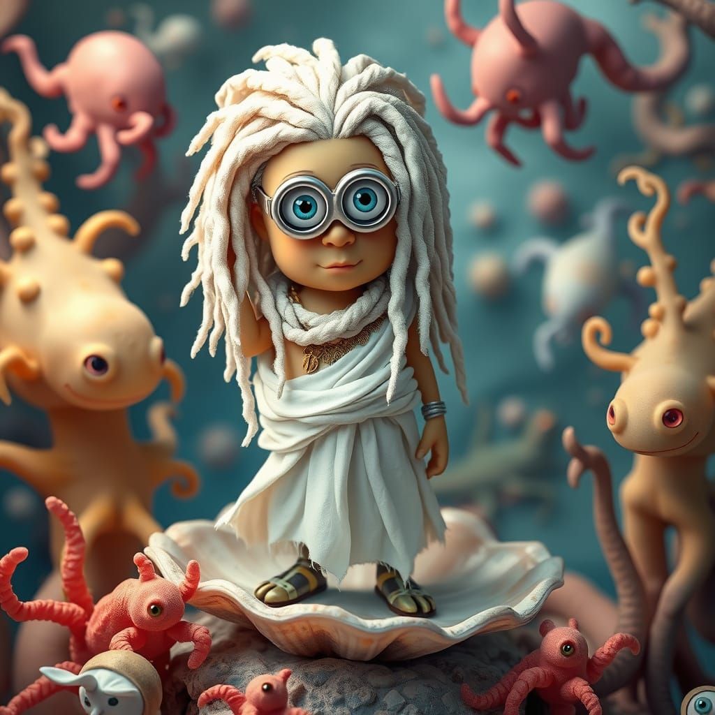 Minion with white dreadlocks and blue eyes depicting Botticelli's birth of Venus