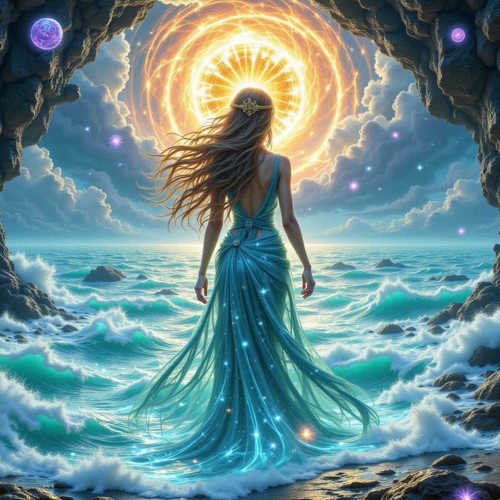 Goddess Rán at the Sea's Edge in Dreamy Pop Surrealism