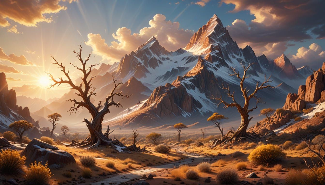 Snowy Mountains Meet Golden Desert in Epic Fantasy Landscape