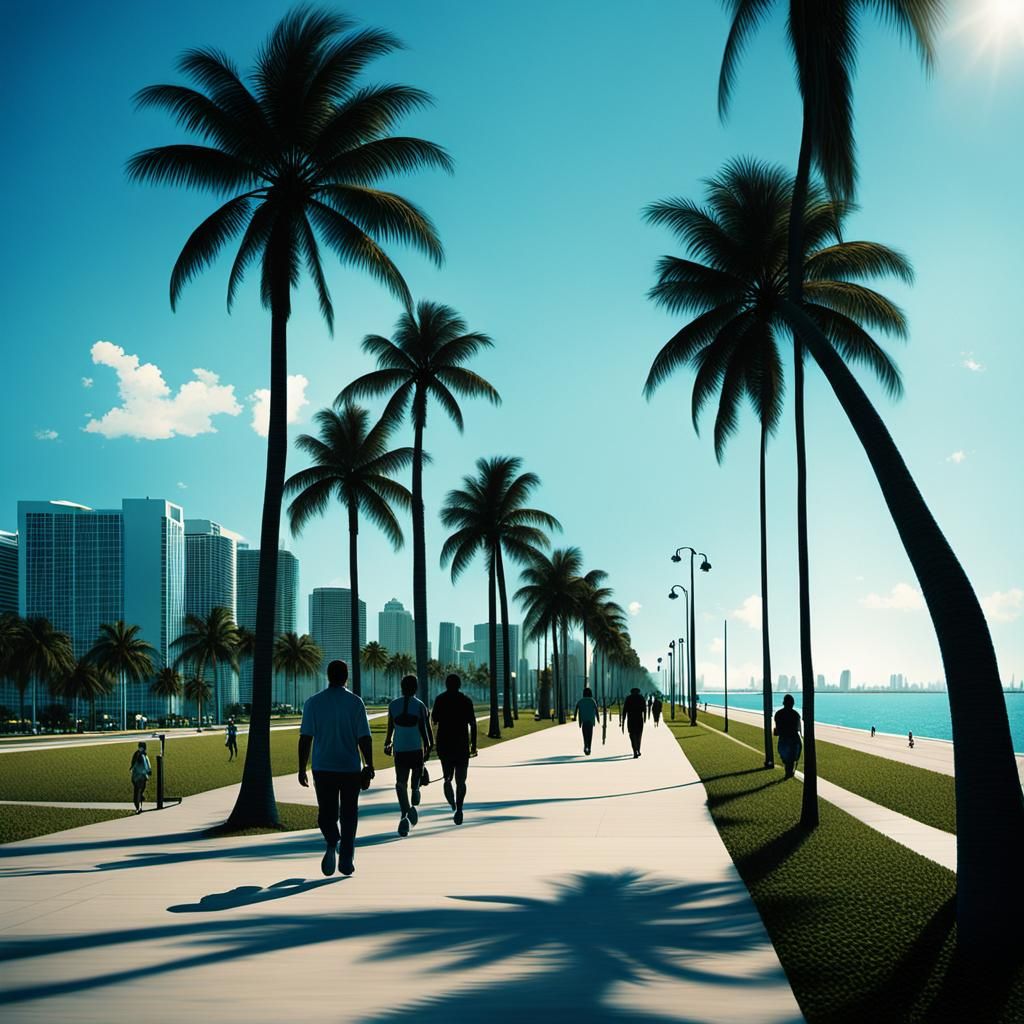 Miami Beach Promenade in 80s Cinematic Style